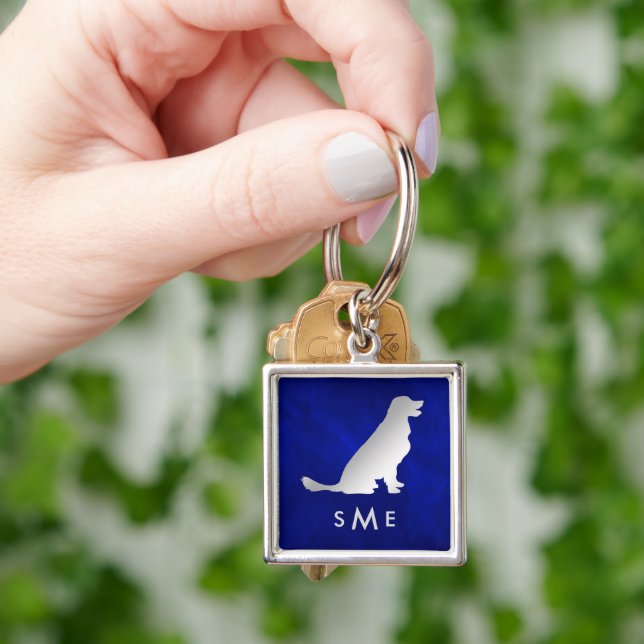 Monogram Blue Silver Golden Retriever Fyrkantig Silverfärgad Nyckelring (Hand)