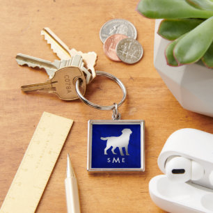 Monogram Blue Silver Labrador Retricher Fyrkantig Silverfärgad Nyckelring