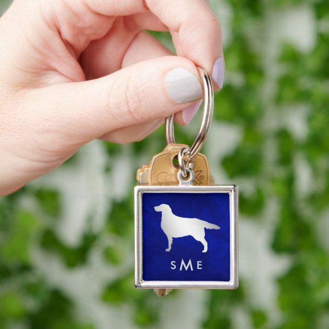 Monogram Blue Silver Setter Hund Fyrkantig Silverfärgad Nyckelring (Hand)