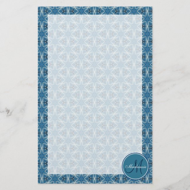 Monogram Blue Stars Geometric Upprepande Mönster Brevpapper (Framsida)