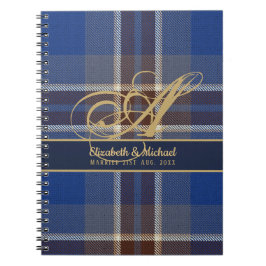 Monogram Blue Tartan Play Newlyweds Bröllop Anteckningsbok