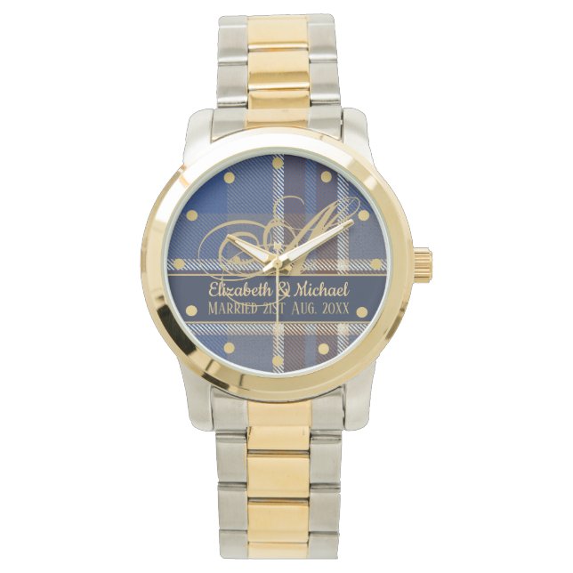 Monogram Blue Tartan Play Newlyweds Bröllop Armbandsur (Framsida)
