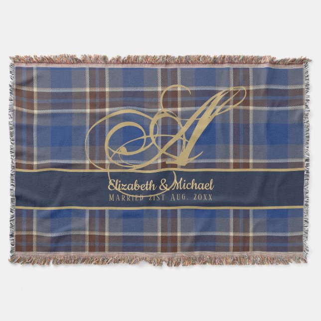 Monogram Blue Tartan Play Newlyweds Bröllop Filt (Framsidan)