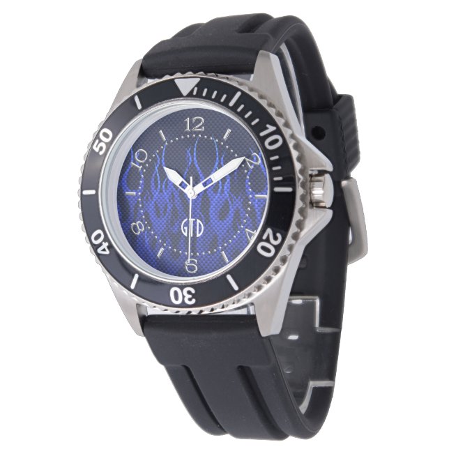 Monogram Blue Tävla Flames on Carbon Fiber Print Armbandsur (Vinklad)