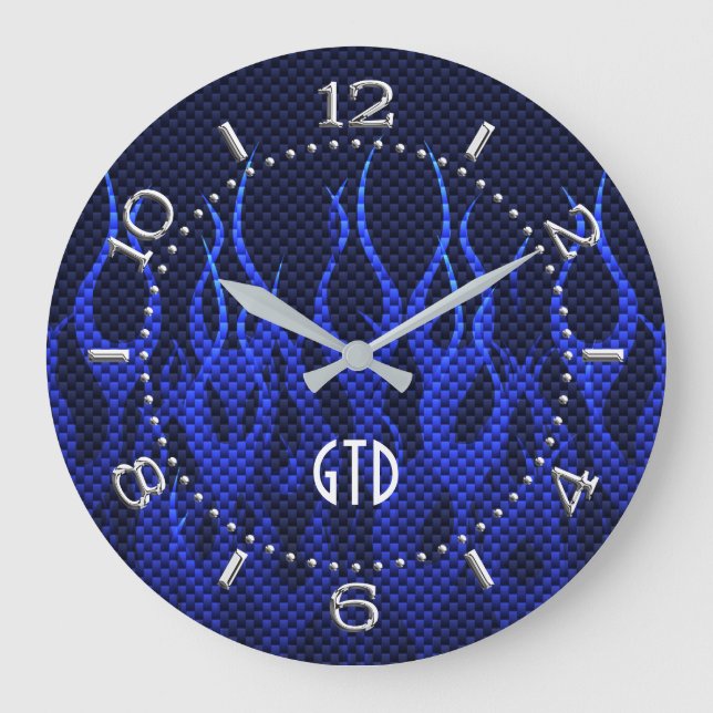 Monogram Blue Tävla Flames on Carbon Fiber Print Stor Klocka (Framsida)