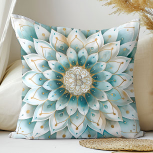 Monogram Blue Teal Guld Blommigt Mandala Kudde