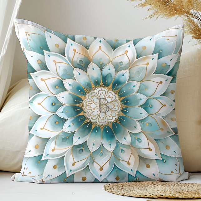 Monogram Blue Teal Guld Blommigt Mandala Kudde (Skapare uppladdad)