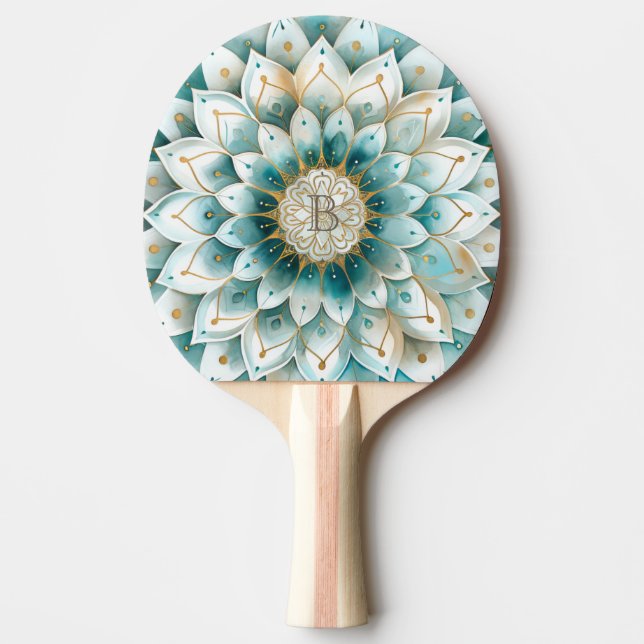 Monogram Blue Teal Guld Blommigt Mandala Pingisracket (Framsidan)