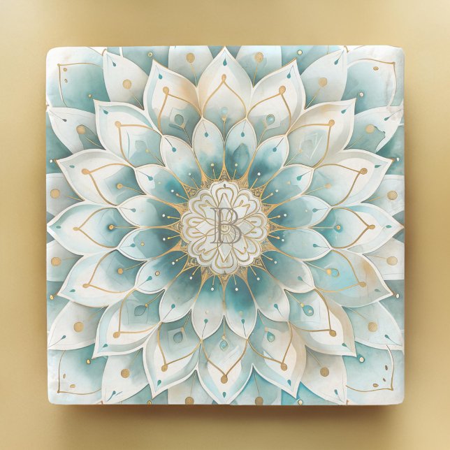 Monogram Blue Teal Guld Blommigt Mandala Stenunderlägg (Skapare uppladdad)
