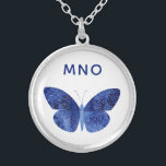 Monogram Blue Watercolor Butterfly Silverpläterat Halsband<br><div class="desc">Söt blå vattenfärgsfjäril-målning med modernt typografiskt monogram initialer som kan ändras till personlighet. Originalkonst av Nic Squirrell.</div>