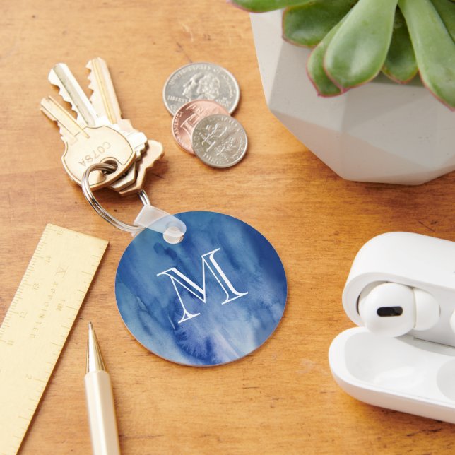 Monogram Blue Watercolor Struktur Abstrakt Paintin Nyckelring (Skrivbord)