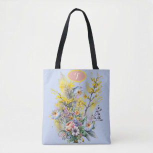 Monogram Blue Watercolor Vår blommor Bouquet Tygkasse