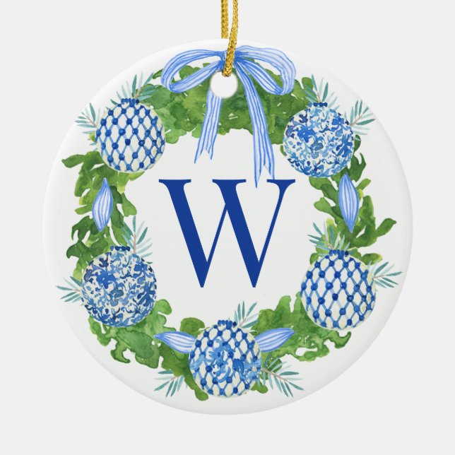 Monogram Blue & White Chinoiserie Wandeene Julgransprydnad Keramik (Framsidan)