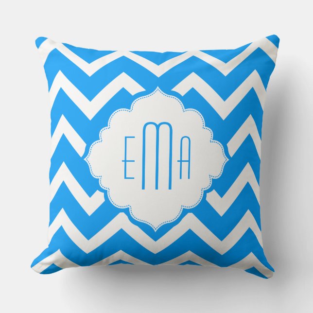 Monogram Blue & White Geometric Zigzag Chevron Kudde (Framsida)