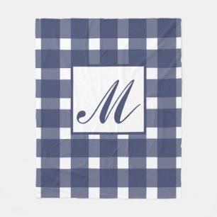 Monogram Blue White Gingham Mönster Fleecefilt