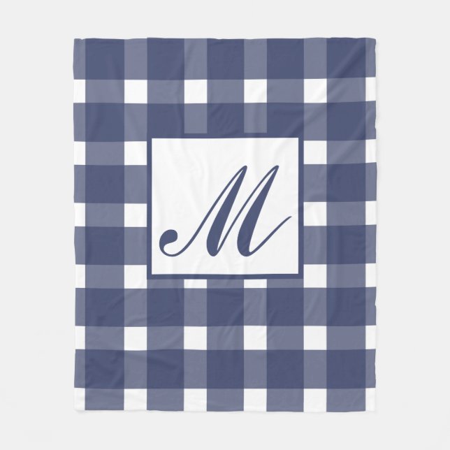 Monogram Blue White Gingham Mönster Fleecefilt (Framsidan)