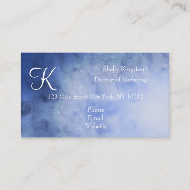 Monogram Blue White Watercolor, Trendig Visitkort (Framsida)