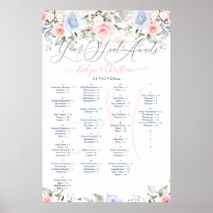 Monogram Blush & Dusty Blue Rosor Sittplatskarta Poster