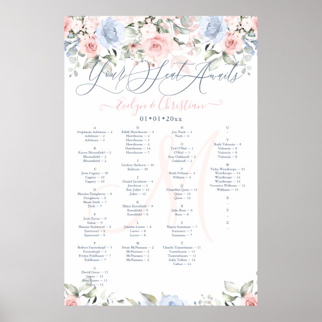 Monogram Blush & Dusty Blue Rosor Sittplatskarta Poster (Framsidan)