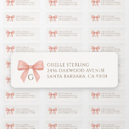 Monogram Blush Pink Bow Watercolor Returadress Etikett
