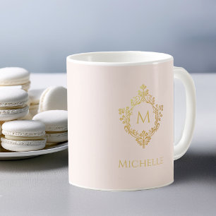 Monogram Blush Rosa Guld Vintage Ornament Krönande Kaffemugg