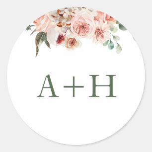 Monogram Blush Rosa Rosor Grönska Bröllop Runt Klistermärke