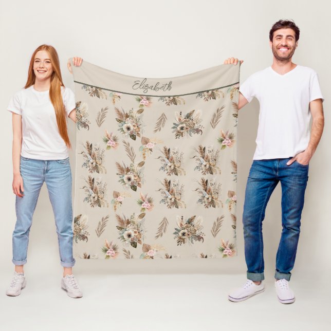 Monogram Boho Beige Grön Rosa Blommig Botanisk  Fleecefilt (På plats)