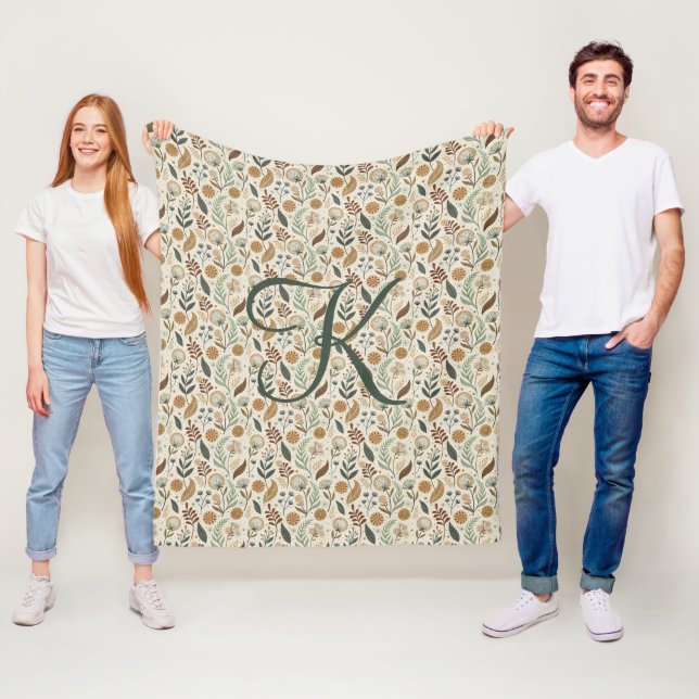 Monogram Boho blad Botanisk Brun Grön Beige Fleecefilt (På plats)