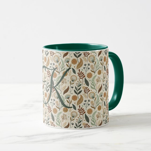 Monogram Boho blad Botanisk Brun Grön Beige Mugg (Framsida höger)