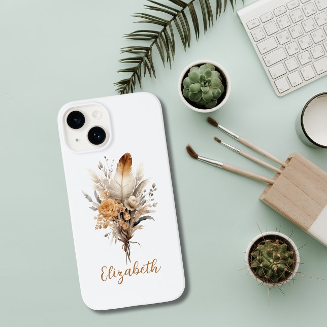 Monogram Boho Blommig Brun Beige Vit Grå (Browns Grey White Boho Botanical Floral Monogrammed iPhone case)