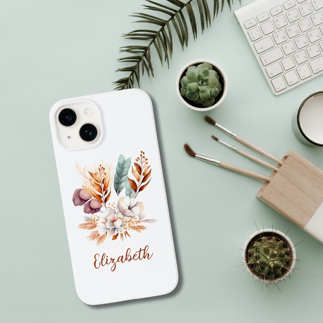 Monogram Boho Blommig Terrakotta Blå Lila (Terracotta Purple Blue Boho Floral Botanical Monogrammed iPhone Case)