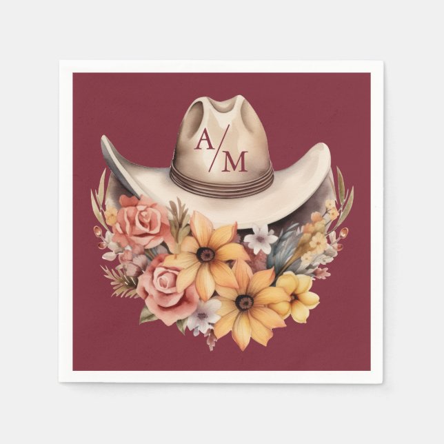 Monogram Boho Blommig Västerländsk Bröllop Pappersservett (Framsidan)