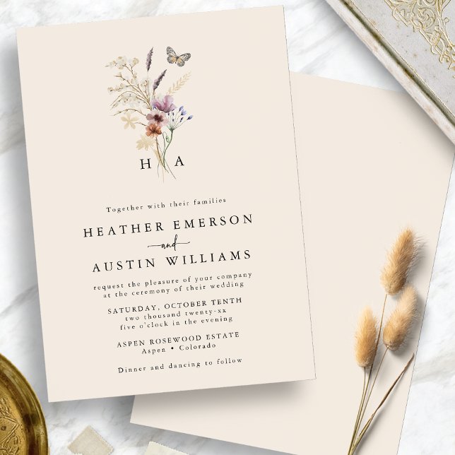 Monogram Boho Blommigt bröllopsinbjudan Inbjudningar (Monogram Boho Floral Wedding Invitation
)