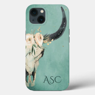 Monogram Boho Blommigt Skull på turkos bakgrund