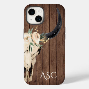 Monogram Boho Blommigt Skull Rustic Wood Backgroun