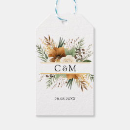 Monogram, boho, elegant blomboquet presentetikett