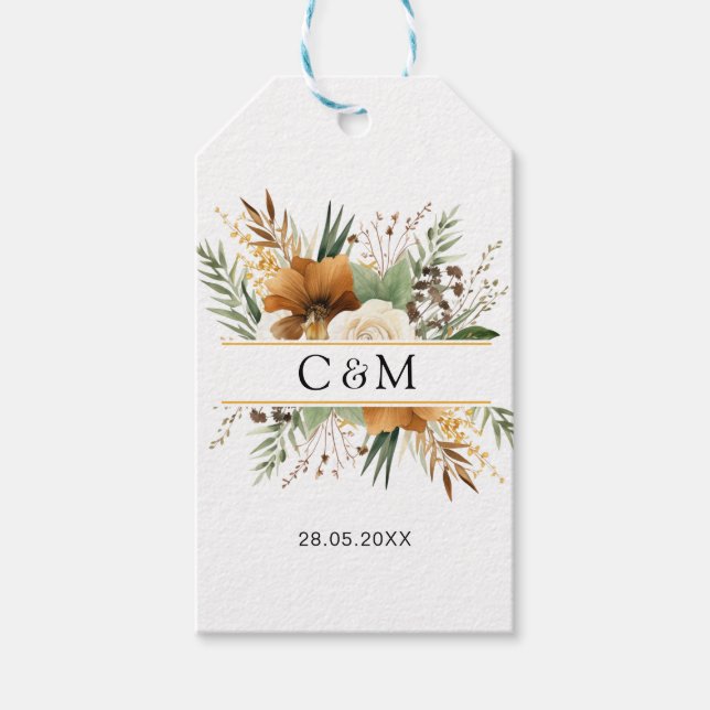 Monogram, boho, elegant blomboquet presentetikett (Framsidan)