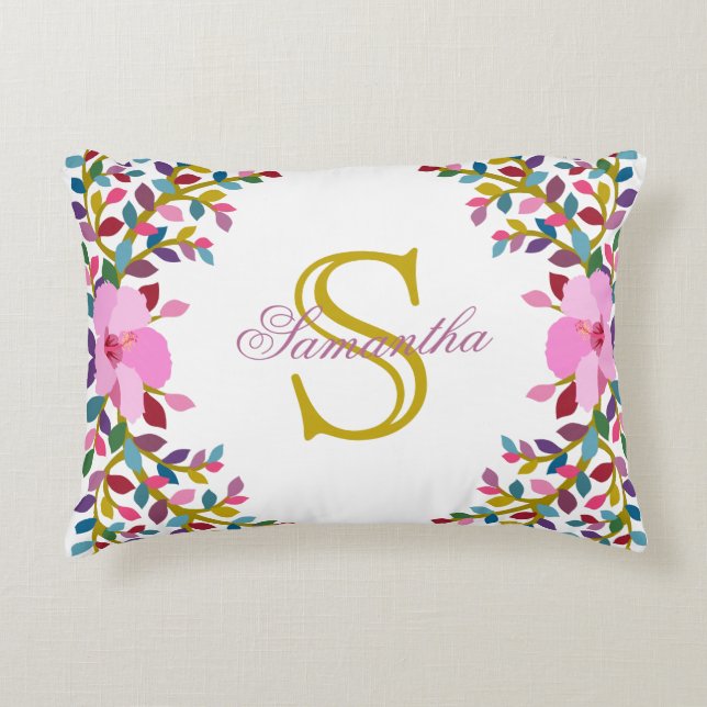 Monogram Boho Foliage & Hibiscus Accent Pillow Prydnadskudde (Framsidan)