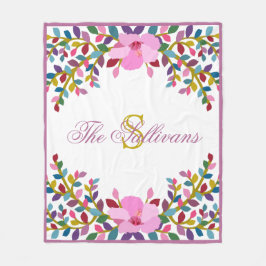 Monogram Boho Foliage Hibiscus Fleece Blanket