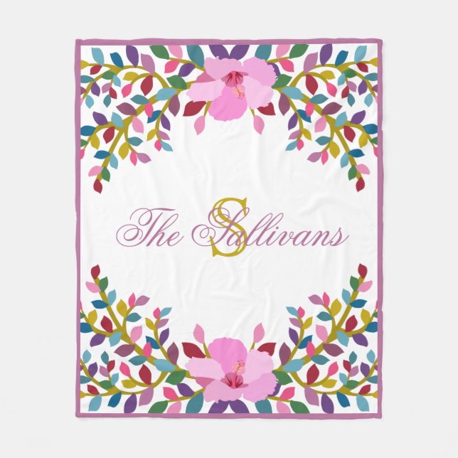 Monogram Boho Foliage Hibiscus Fleece Blanket (Framsidan)