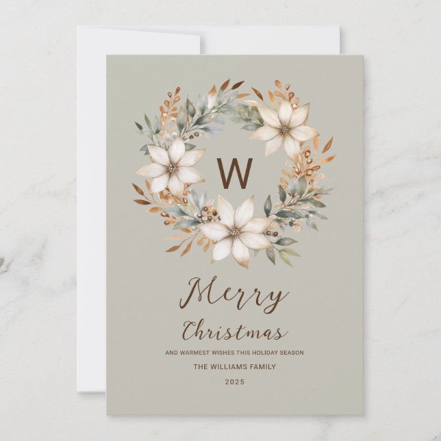 Monogram Boho Naturlig Vinterkrans Jul Julkort (Framsida)