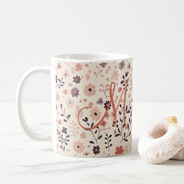 Monogram Boho  Rosa Beige Coral Wildblomma Kaffemugg (Med munk)