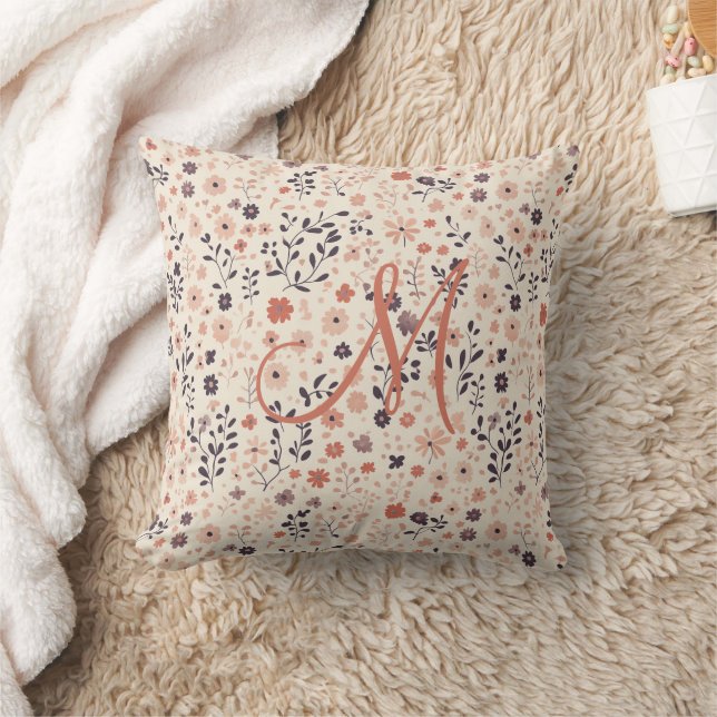 Monogram Boho  Rosa Beige Coral Wildblomma Kudde (Filt)