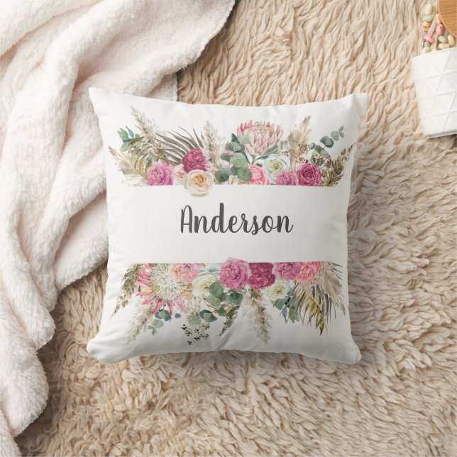 Monogram Boho Rosa Blommig Pampasgräs Botanisk Kudde (Filt)