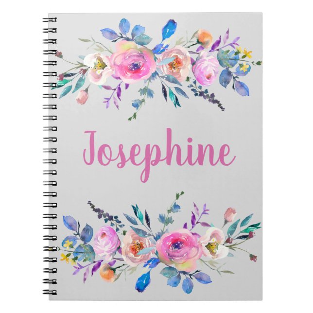 Monogram boho rosa och blå blommigt anteckningsbok (Framsidan)