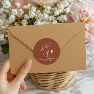 Monogram Boho Terracotta Burnt Orange Bröllop Runt Klistermärke