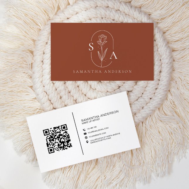 Monogram Boho Terracotta QR-kod Modern Visitkort (Skapare uppladdad)
