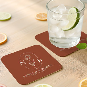 Monogram Boho Terrakotta Bränd Orange Bröllop Underlägg Papper Kvadrat