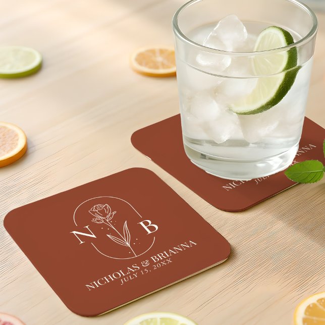 Monogram Boho Terrakotta Bränd Orange Bröllop Underlägg Papper Kvadrat (Skapare uppladdad)