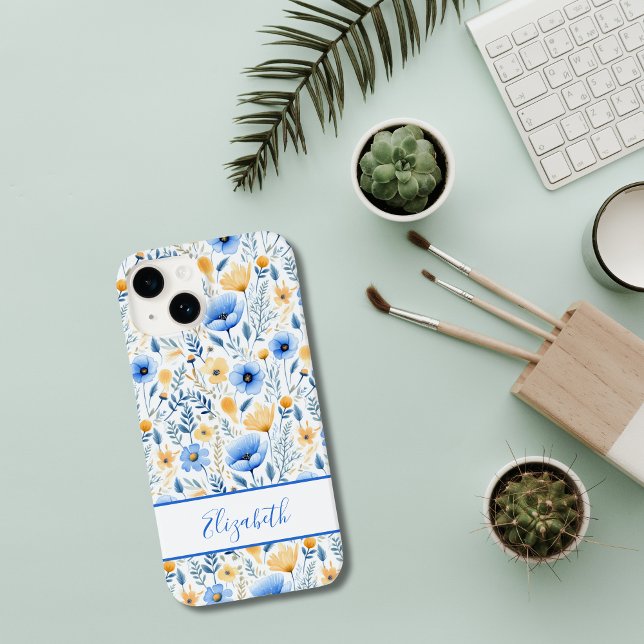 Monogram Boho Vilda Blommor Blå Gul Blommig (Monogrammed Boho Blue Yellow Wildflowers iPhone case)